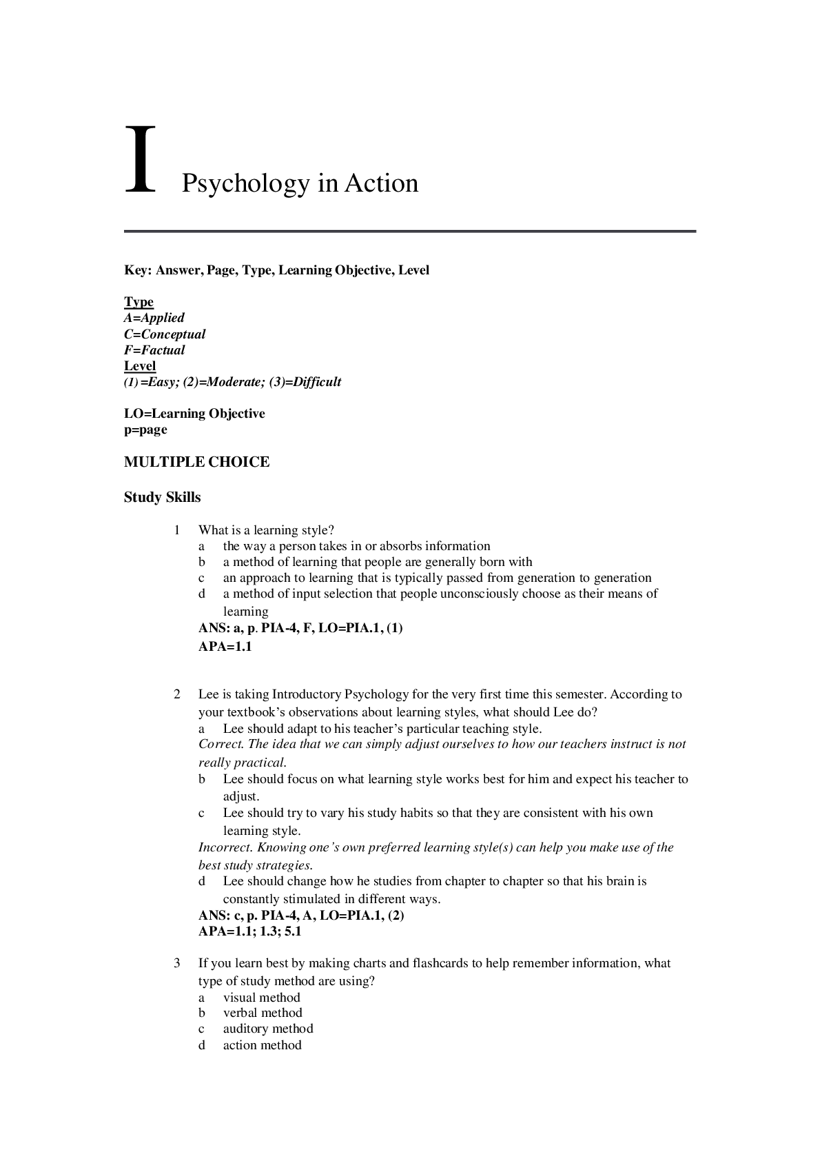Preview of PSY-101 TEST BANK Q&A